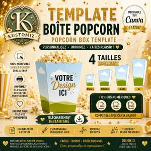 Op de afbeelding: Een digitale sjabloon voor een popcornbakje met een ontwerp van een blauwe lucht en groen gras. De tekst bevat TEMPLATE BOÎTE POPCORN, VOTRE DESIGN ICI, 4 TAILLES INCLUSES en toont JPG, PNG, SVG bestandsformaten met Canva-compatibiliteit.