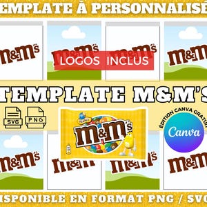 Modèle de template chocolat M&M’s disponible sur la plateforme Canva, offrant des fichiers aux formats PNG et SVG.