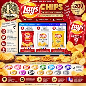 May include: A digital template for custom Lay's chip bags featuring three Canva layouts, 200 PNG elements, and various logo color options. The display shows a laptop screen with design templates, surrounded by potato chips and text labels.