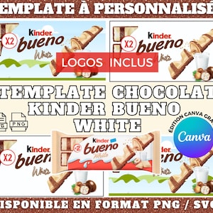 Plantilla de chocolate blanco Kinder Bueno disponible en la plataforma Canva, ofreciendo archivos en formatos PNG y SVG.