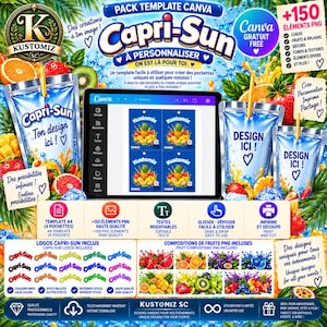 Modelo de embalagem para bebida Capri-Sun no Canva, Modelo de embalagem para bebida, Rótulo para suco, 100 designs prontos para usar, Lembrancinha de festa imprimível em PNG e SVG