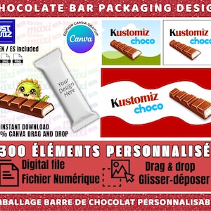 May include: Chocolate bar packaging design with the text "Kustomiz choco". The design includes a white wrapper with "Your Design Here" text, a chocolate bar graphic, and a dinosaur graphic. The design also includes the text "Instant Download 100% Canva Drag and Drop".