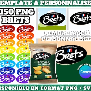 Szablon torby z chipsami Brets Chips do personalizacji w serwisie Canva, zawierający kilka logo w formacie PNG | Opakowanie gotowych do użycia chipsów Brets