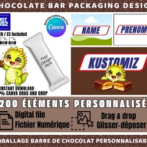 Sjabloon voor chocoladereepverpakking in Canva, bewerkbaar, verpakking voor snoeprepen, gepersonaliseerde chocoladeverpakking, sjabloon voor feestcadeautjes, inclusief 200 elementen
