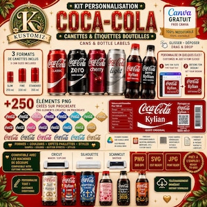 Peut inclure: Un kit de personnalisation numérique pour canettes et étiquettes de bouteilles Coca-Cola comprenant des images de produits, des modèles de texte modifiables, des éléments PNG et des icônes de compatibilité pour machines de découpe.