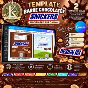 May include: A digital template for a chocolate bar wrapper featuring the Snickers logo, displayed on a tablet screen. The design includes customizable fields, drag-and-drop elements, and editable text, presented with a brown background with peanuts.