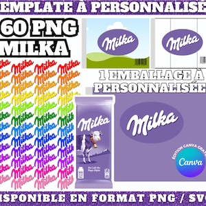 Modelo de barra de chocolate MILKA personalizável no Canva, incluindo vários logotipos em formato PNG | Embalagem de comprimidos pronta para uso