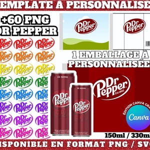 Personalizowany szablon puszki Dr Pepper w serwisie Canva, zawierający kilka logotypów w formacie PNG | Opakowanie Dr Pepper gotowe do użycia