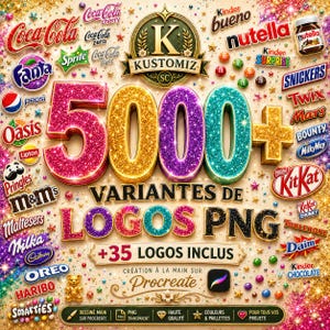 May include: A digital graphic featuring the text 5000+ VARIANTES DE LOGOS PNG and +35 LOGOS INCLUS, surrounded by various brand logos like Coca-Cola, Nutella, and KitKat. The design uses glittery, multi-colored 3D numbers and text on a gold background.