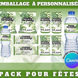Set di confezioni di cancelleria personalizzabili per feste di compleanno su Canva | tema del fogliame verde per adolescenti e adulti