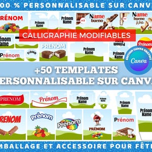 Peut inclure: Une image promotionnelle avec différents modèles pour des cadeaux de fête, avec le mot "Prénom" et "Name" dans différents designs. Le texte "100% PERSONNALISABLE SUR CANVA" et "+50 TEMPLATES PERSONNALISABLE SUR CANVA" sont également visibles.