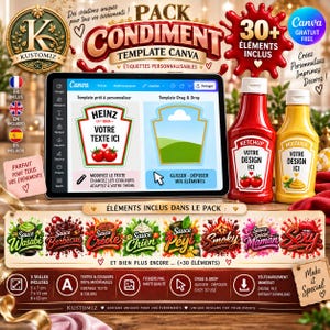 Puede incluir: Un paquete de plantillas digitales de etiquetas para condimentos en Canva con una tableta que muestra diseños editables, dos botellas de condimentos y una colección de más de treinta gráficos de etiquetas como Wasabi, Barbecue y Smoky.