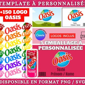 Template étiquette Oasis bouteille boisson personnalisable sur Canva | Gabarit emballage fête et anniversaire | +150 Fichiers PNG inclus