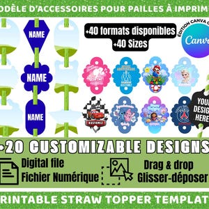 May include: A digital template for printable straw toppers with various designs, including Barbie, Super Mario, and Disney characters. The image includes the text "+20 Customizable Designs" and "Printable Straw Topper Template."