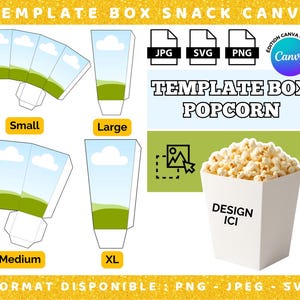 Paquete de 4 plantillas imprimibles para cajas de palomitas de maíz | Plantilla para Canva + plantilla de corte | 4 tamaños S M L XL (png, svg, jpeg)