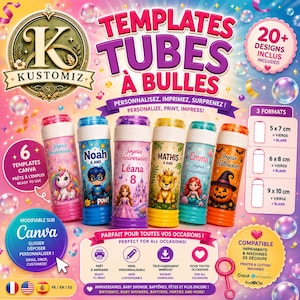 Peut inclure: Une publicité pour des modèles de tubes à bulles présentant six exemples colorés avec divers personnages, textes et graphismes de bulles. La mise en page inclut des instructions, des spécifications de format et des icônes de compatibilité.