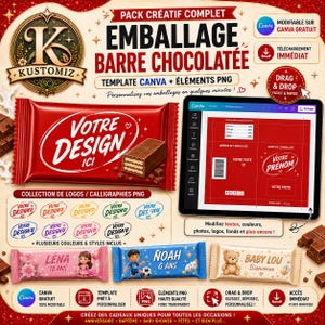 Peut inclure: Un pack de modèles numériques pour emballages de barres chocolatées avec interface Canva, champs de texte modifiables et éléments graphiques. Inclut des exemples d'emballages personnalisés avec les prénoms Lena, Noah et Baby Lou en rouge, rose et bleu.