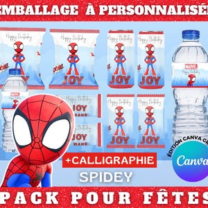 Aanpasbare verpakkingsset voor verjaardagsfeestbenodigdheden op Canva | spidey spiderman thema