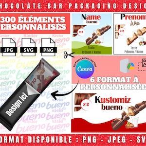 Template emballage chocolat personnalisable sur Canva | Étiquette barre chocolatée editable | +300 éléments décoratifs PNG inclus