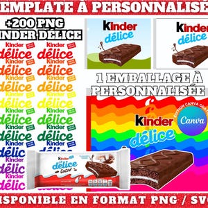 Modello personalizzabile per torta Kinder Delice su Canva, inclusi +180 loghi in formato PNG | Confezione Kinder Delice pronta all'uso