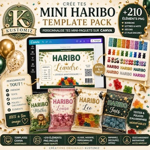Template emballage bonbons personnalisable Canva | Mini sachet Haribo | +210 éléments PNG | Étiquette confiserie à imprimer