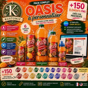 Peut inclure: Un pack numérique comprenant des designs d'emballages pour boissons Oasis Tropical, incluant divers formats de bouteilles et canettes, 150 éléments PNG, des modèles Canva et des étiquettes nutritionnelles modifiables sur fond orange.