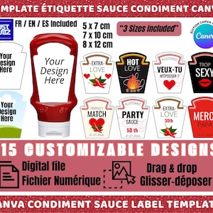 May include: A digital Canva condiment sauce label template with 15 customizable designs. The template includes various label sizes, such as 5 x 7 cm, and features designs with text like "Extra Love" and "Hot Love."