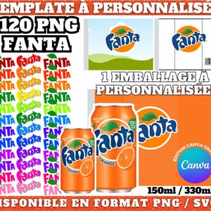 Możliwość personalizacji szablonu puszki Fanta w serwisie Canva, zawierający 120 logotypów w formacie PNG | Opakowanie Fanta gotowe do użycia