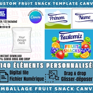 Fruit Snack Template Canva, +140 Elements Included, Candy Bag Packaging Editable, Party Favor Kids, Printable DIY Snack Wrapper
