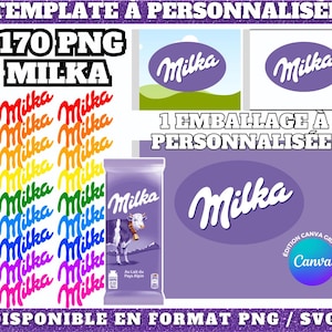 Modelo de barra de chocolate MILKA personalizável no Canva, incluindo +170 logotipos em formato PNG | Embalagem de barra pronta para uso