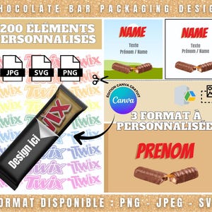Modelo de Embalagem de Chocolate Personalizável Canva | Modelo de Barra de Chocolate Estilo Twix | +200 Elementos Decorativos PNG Inclusos