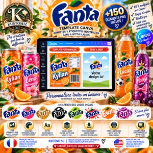 Peut inclure: Un modèle Canva numérique pour étiquettes de canettes et bouteilles Fanta comprenant des designs personnalisables, des marques de saveurs orange et raisin, des champs de texte modifiables et divers styles de logos Fanta avec des exemples.