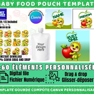 Puede incluir: Una plantilla de bolsa de comida para bebés con una bolsa blanca y varias ilustraciones. El diseño incluye un dinosaurio sosteniendo una manzana, ilustraciones de frutas y texto que dice "Baby Food Pouch Template" y "Instant Download".