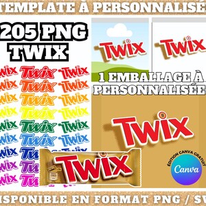 Template chocolat TWIX personnalisable sur Canva, incluant +200 logos aux format PNG | Emballage chocolat TWIX prêt à l’emploi