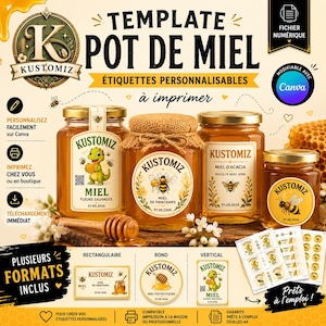 Peut inclure: Un modèle numérique pour étiquettes de pots de miel avec le texte KUSTOMIZ POT DE MIEL. Le design présente divers pots de miel illustrés avec des abeilles et un dinosaure, des étiquettes personnalisables et une cuillère à miel en bois.