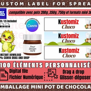 Template étiquette pot chocolat personnalisable Canva | Label pâte à tartiner 30g 200g 350g 750g | Nut spread jar label editable