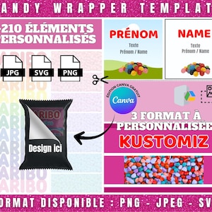 Customizable Candy Packaging Template on Canva | Editable Candy Label | +210 Decorative PNG Elements Included