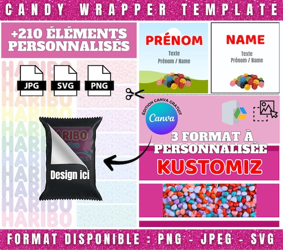 Template emballage bonbons Haribo personnalisable sur Canva | Étiquette sucrerie editable | +210 éléments décoratifs en PNG inclus