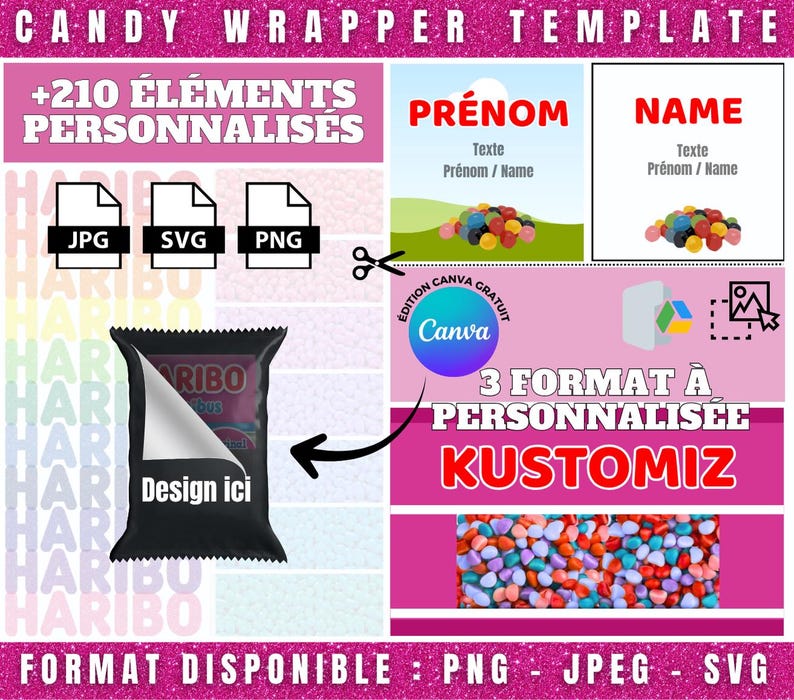 Customizable Haribo candy packaging template on Canva | Editable candy label | +210 decorative elements in PNG format included image 1