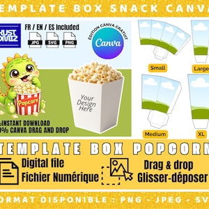 Peut inclure: Modèle numérique de boîte à pop-corn avec une zone de conception personnalisable. L'image comprend un dinosaure de dessin animé, du pop-corn et différentes tailles de boîtes. Le texte comprend "Téléchargement instantané" et "Glisser-déposer".