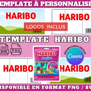 Modello di caramelle Haribo disponibile sulla piattaforma Canva, con file nei formati PNG e SVG.