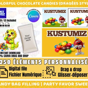 Könnte beinhalten: Ein digitales Design für Süßigkeitenbeutel und Partygeschenke. Das Bild zeigt bunte Schokoladenbonbons, einen Zeichentrick-Dinosaurier und den Text "KUSTUMIZ". Enthält den Text "Sofort-Download" und "100% Canva Drag and Drop".