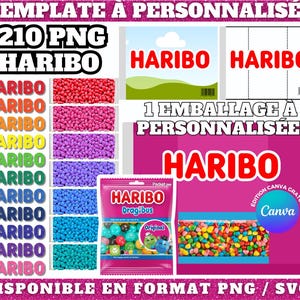 Modelo Haribo personalizável no Canva, incluindo +210 logotipos e doces em formato PNG | Embalagem Haribo pronta para uso