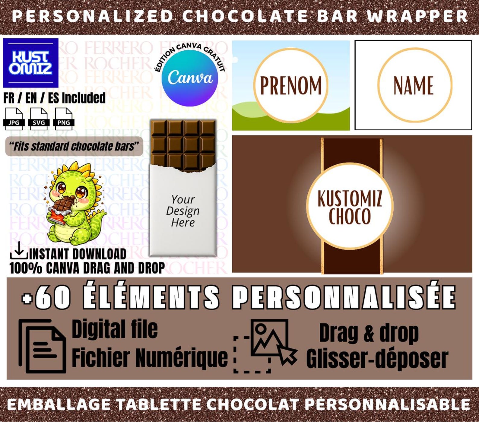 Chocolate Bar Wrapper Template Ferrero Rocher Canva, Personalized Candy ...