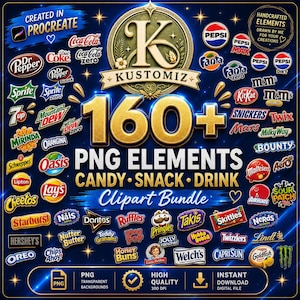 Peut inclure: Un ensemble de cliparts numériques comprenant plus de 160 éléments PNG de divers logos de bonbons, collations et boissons disposés sur un fond bleu foncé avec des accents dorés et le texte KUSTOMIZ 160+ PNG ELEMENTS CANDY SNACK DRINK Clipart Bundle.