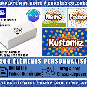 Peut inclure: Template de mini boîte à dragées colorées avec un design personnalisable. L'image présente une boîte blanche avec l'inscription "Your Design Here". Le texte "Kustomiz", "Name", et "Prénom" est également visible. Contient "+200 ÉLÉMENTS PERSONNALISÉE".