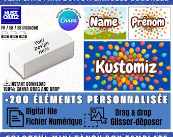 Plantilla de mini caja de dulces para mini Smarties (Canva), empaque colorido para dulces, envoltorio de dulces personalizable, recuerdo de fiesta