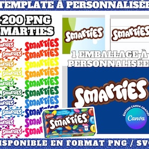 Template mini SMARTIES personnalisable sur Canva, incluant +200 logos aux format PNG | Emballage mini bonbon chocolat prêt à l’emploi