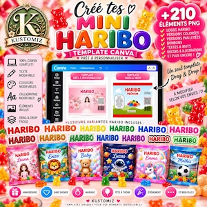 May include: A digital Canva template for Haribo-style candy packaging featuring customizable designs with names like Léana, Enzo, Baby, Lucas, Emma, and Mathis. The display shows various colorful graphics, gummy bear icons, and text elements for party favors.