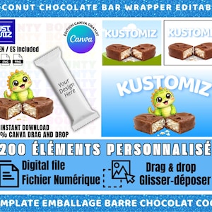 Peut inclure: Modèle numérique pour un emballage de barre chocolatée à la noix de coco. Le design comprend un emballage blanc avec le texte "Your Design Here", des images de barres chocolatées et un dinosaure de dessin animé. Modifiable avec Canva.